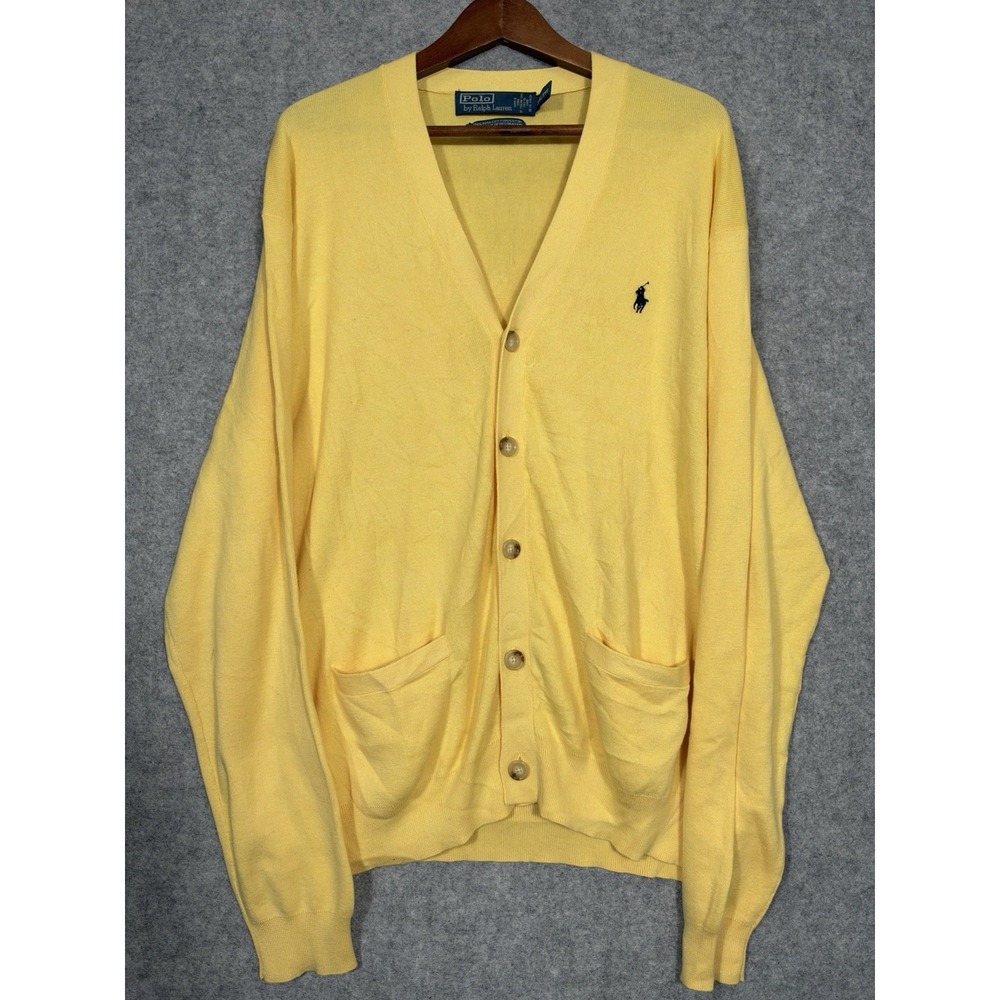 Polo Ralph Lauren Cardigan Mens XXL Yellow Pima Cotton V Neck Pony Logo Pockets